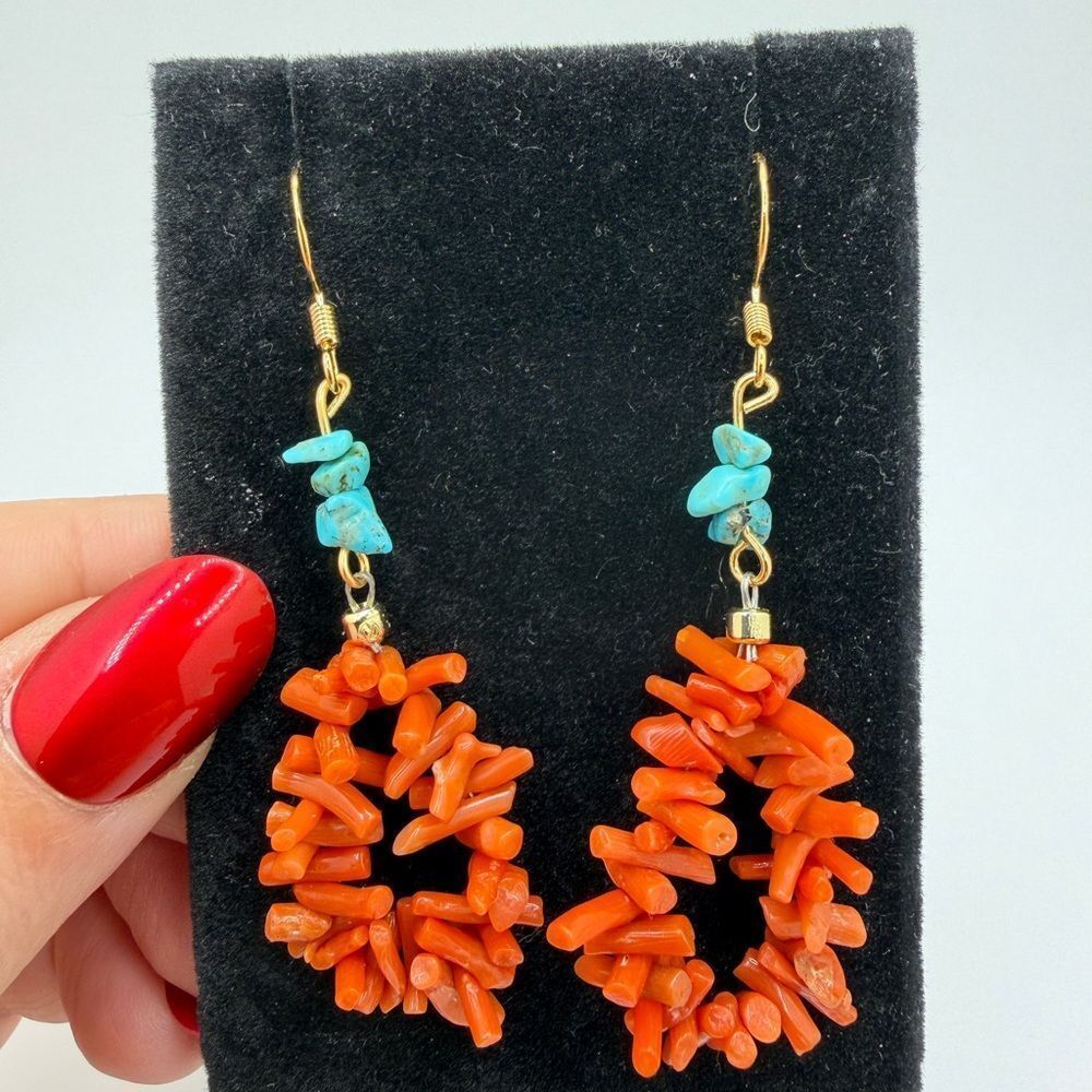 NWOT Branch Coral and‎ Turquoise chip dangle earrings w/ gold over 925 hooks!
